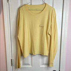 Pale Yellow Long Sleeve Tee with "honey" Script semi cropped bottom